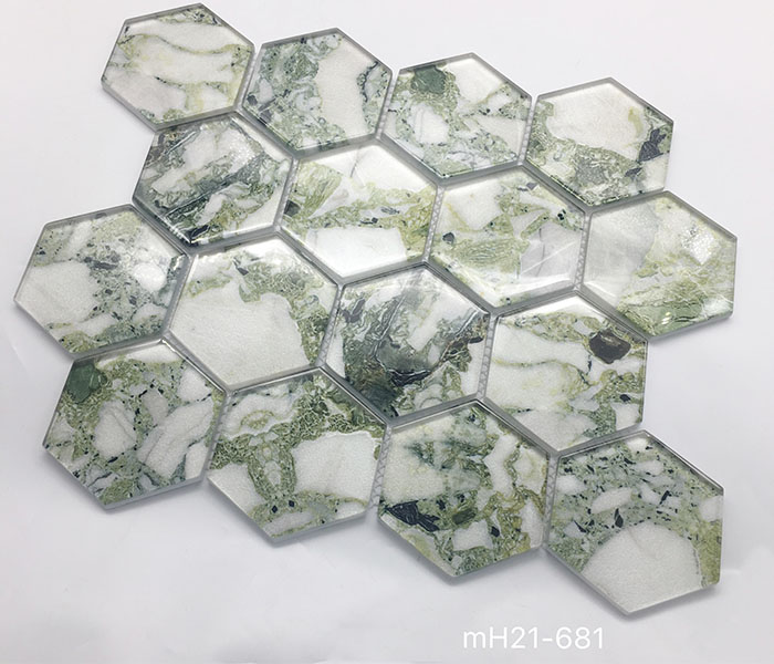 Boa venda decoração brilhante backsplash forma hexagonal telhas de banheiro mosaico de vidro